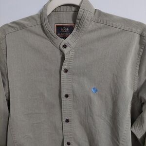 Olive Green Casual Band Collar Button-Down Shirt